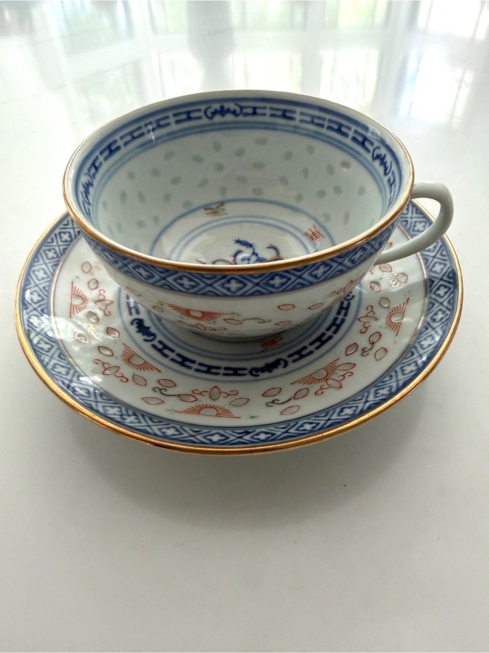 Jingdezhen Rice Grain Porcelain Teacup Saucer set Blue Gold Chrysanthem VTG